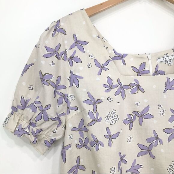 Senlis Anthropologie 100% Cotton Purple Cream Floral Puff Sleeve Blouse - Picture 3 of 15